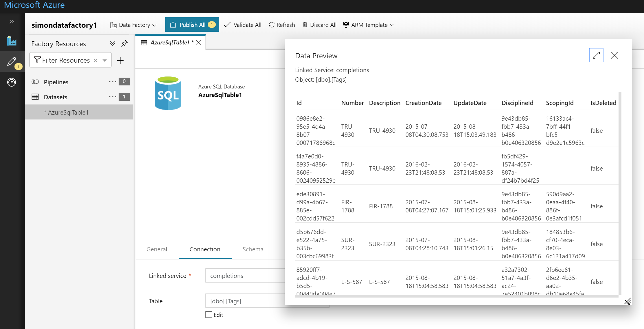 A preview of the data in the SQL database